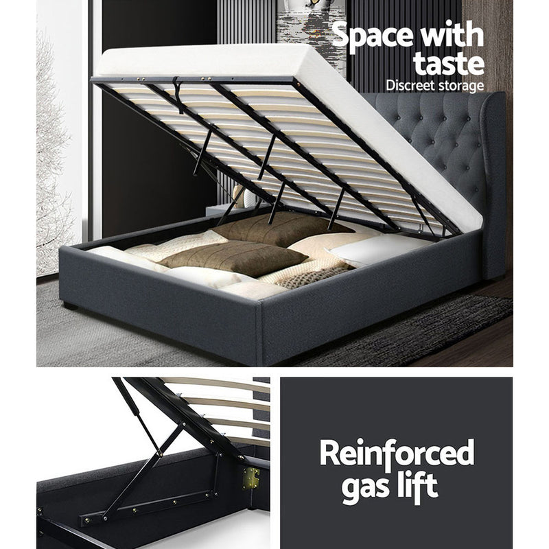 Rouen Premium Fabric Gas Lift Charcoal Bed Frame - King Size