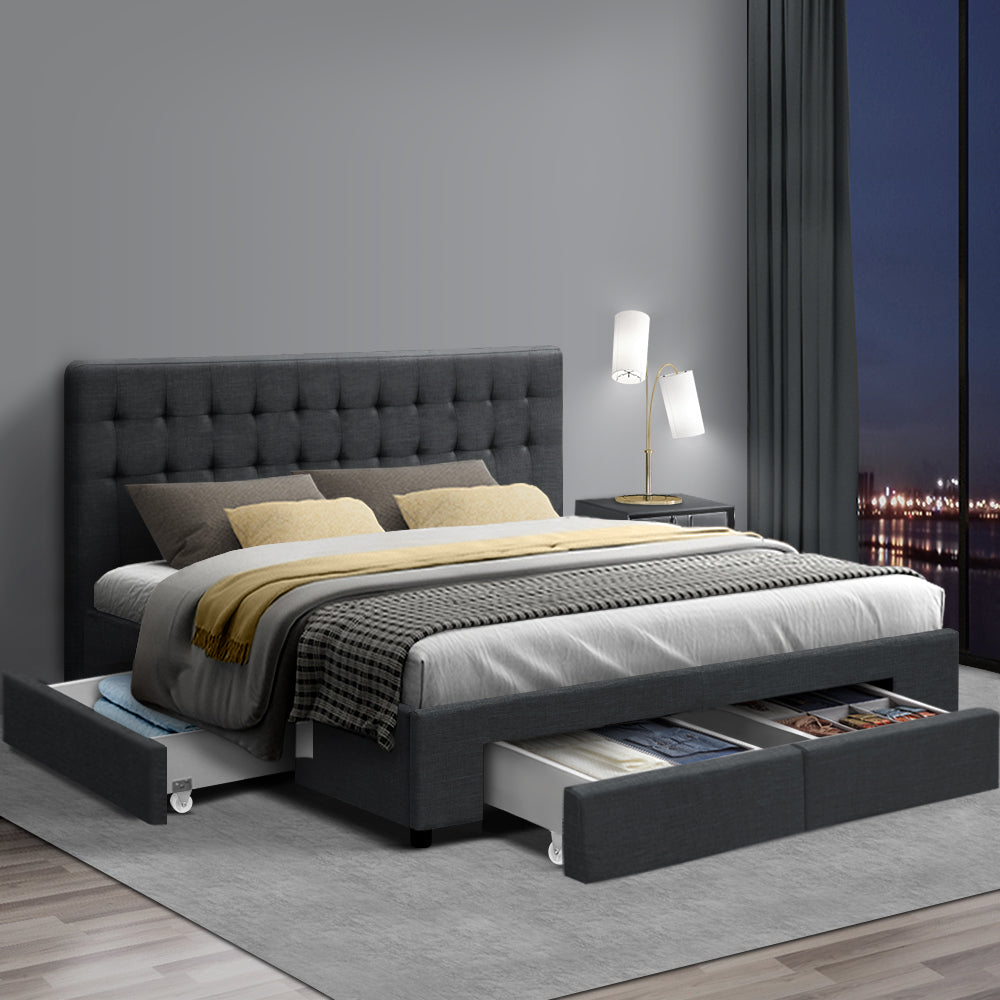 Dijon Premium Fabric Charcoal Bed Frame with 4 Drawers - King Size