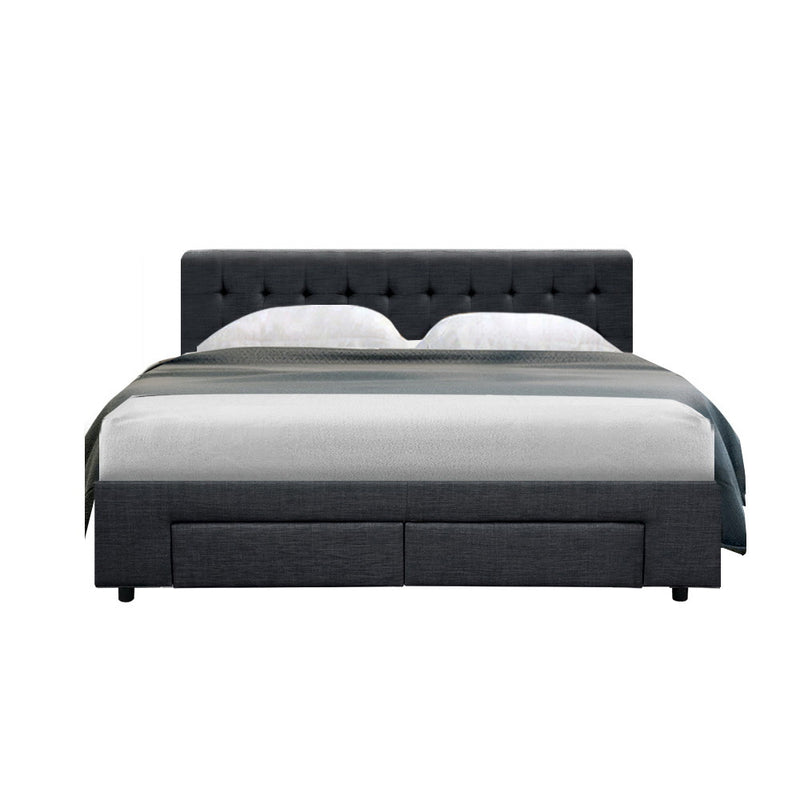 Merton Premium Fabric Bed Frame with 4 Drawers Queen Size - Charcoal