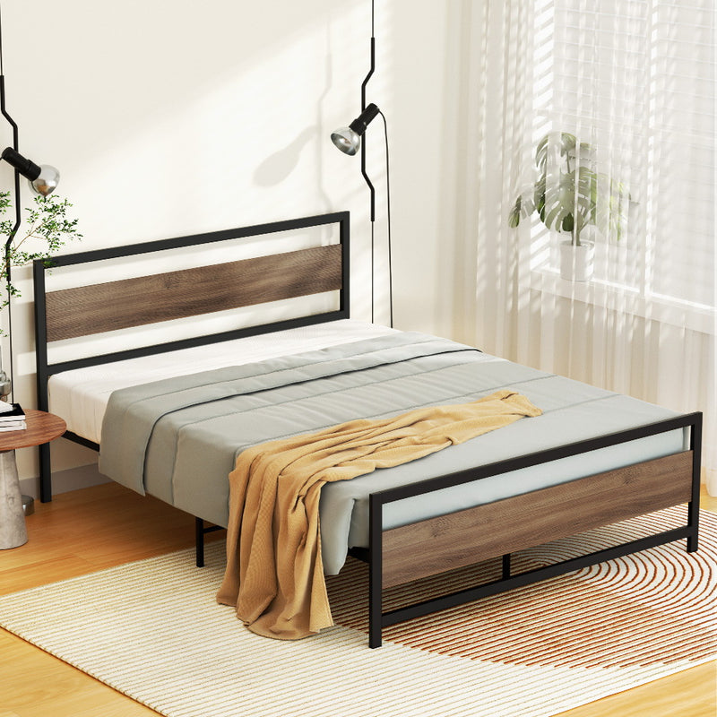 Naples Metal Bed Frame with Wooden Headboard - Queen Size