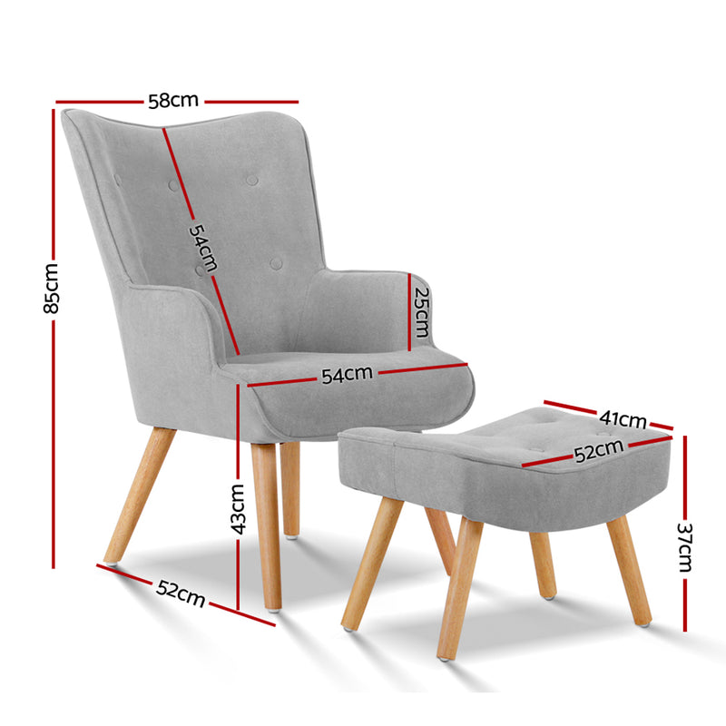 Furth Premium Fabric Armchair and Ottoman - Light Grey