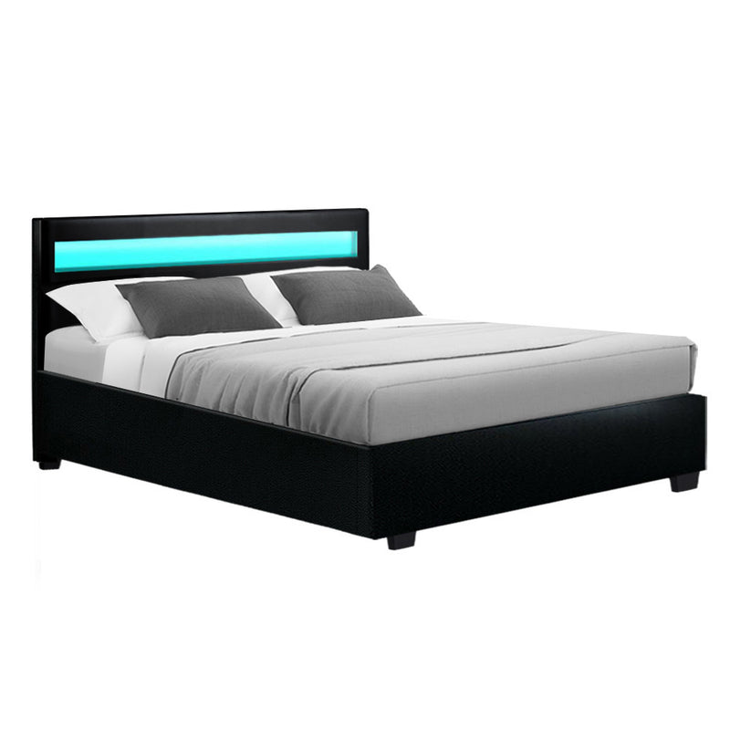 Trier Premium PVC Leather LED Gas Lift Bed Frame - Double Size