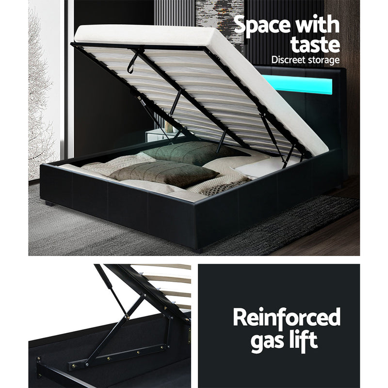 Trier Premium PVC Leather LED Gas Lift Bed Frame - Double Size