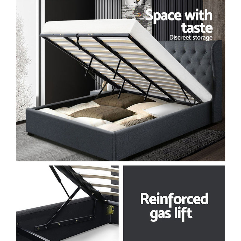 Rouen Premium Fabric Gas Lift Charcoal Bed Frame - King Size 