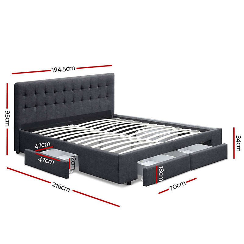 Dijon Premium Fabric Charcoal Bed Frame with 4 Drawers - King Size