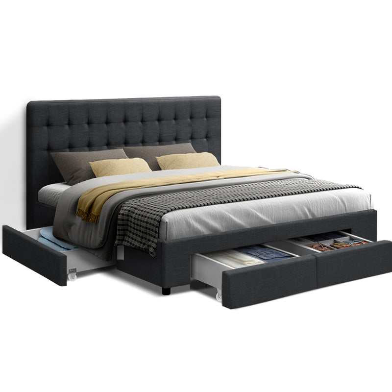 Merton Premium Fabric Bed Frame with 4 Drawers Queen Size - Charcoal
