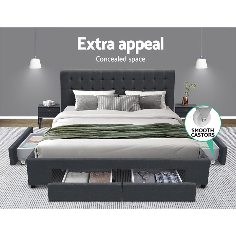 Merton Premium Fabric Bed Frame with 4 Drawers Queen Size - Charcoal 